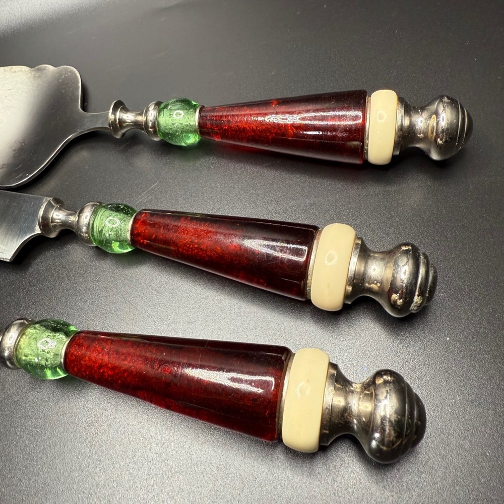 Lenox Serving Utensils Cake Pie Server Fork Knife Set Red Green Beaded Handles - Picture 3 of 4